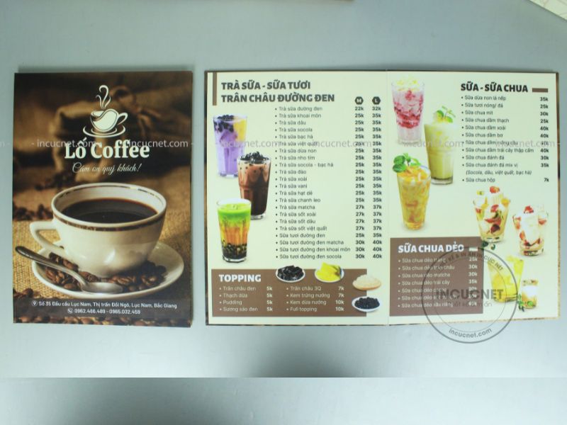 menu cafe nhựa mở phẳng