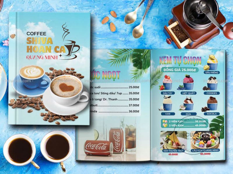 menu quán cafe bìa cứng gáy ốc