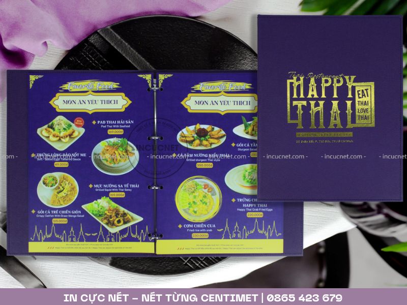 menu happy thai menu bìa da cao cấp cho nhà hàng