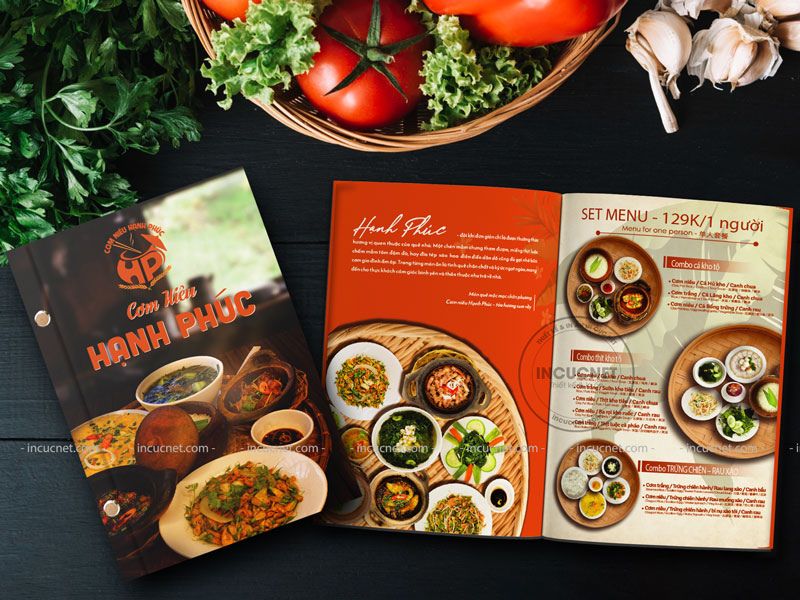 mẫu menu cơm niêu bìa cứng gáy ốc