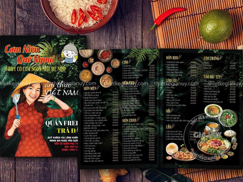 menu cơm quê ngoại với các họa tiết lá xanh tạo cảm giác tươi mới và gần gũi
