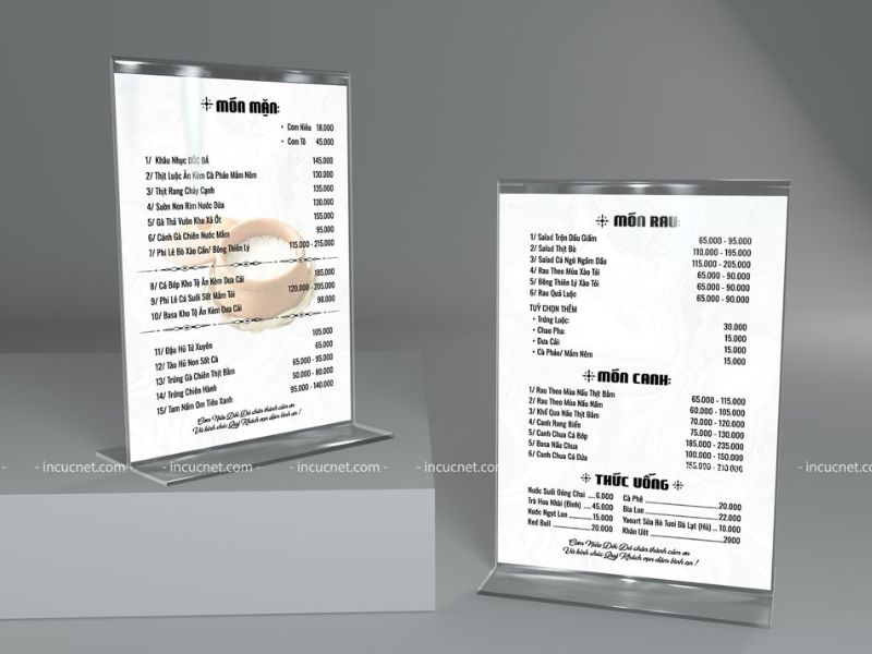 thực đơn cơm niêu mica để bàn rất tiện lợi trong tầm nhìn thực khách