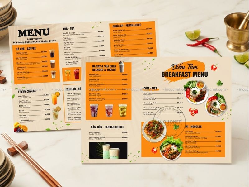 in menu đồ ăn đồ uống chuẩn màu