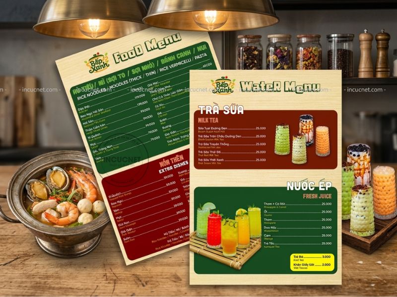 mẫu menu quán bếp xanh đậm chất truyền thống
