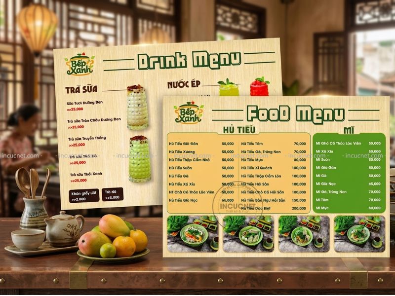 mẫu menu quán gồm hai bảng food menu và drink menu