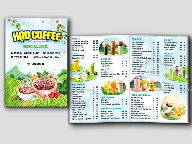 menu coffee tone xanh mát