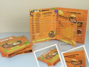 menu đồ ăn đồ uống bìa cứng gáy ốc màu cam nổi bật