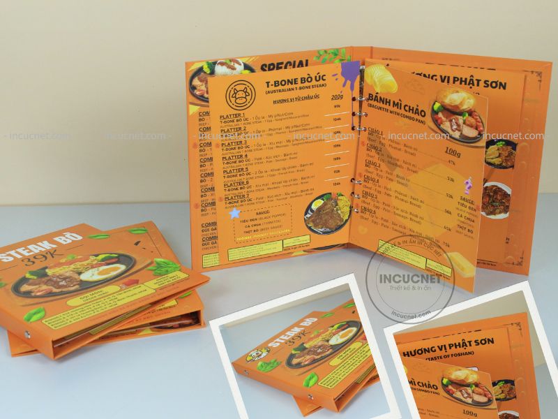menu đồ ăn đồ uống bìa cứng gáy ốc màu cam nổi bật