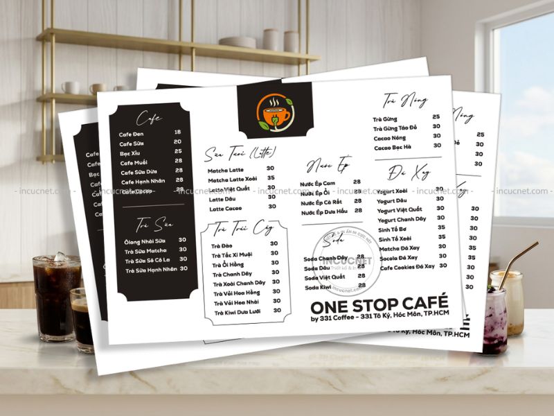 menu quán cafe với thiết kế tối giản trắng đen