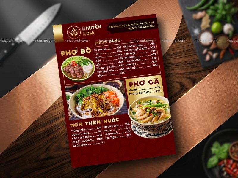 thiết kế menu sử dụng tông màu đỏ đô và vàng kim