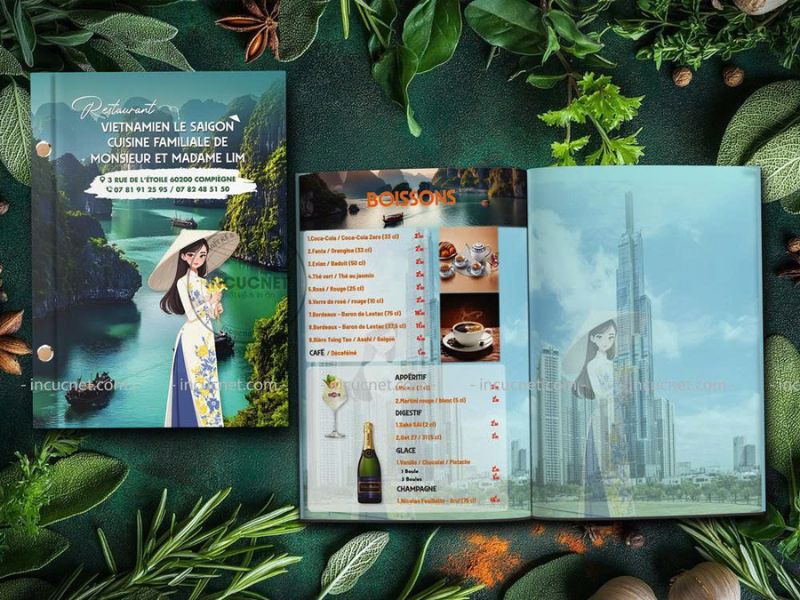 thiết kế menu với hình ảnh thiếu nữ áo dài vịnh hạ long và landmark 81